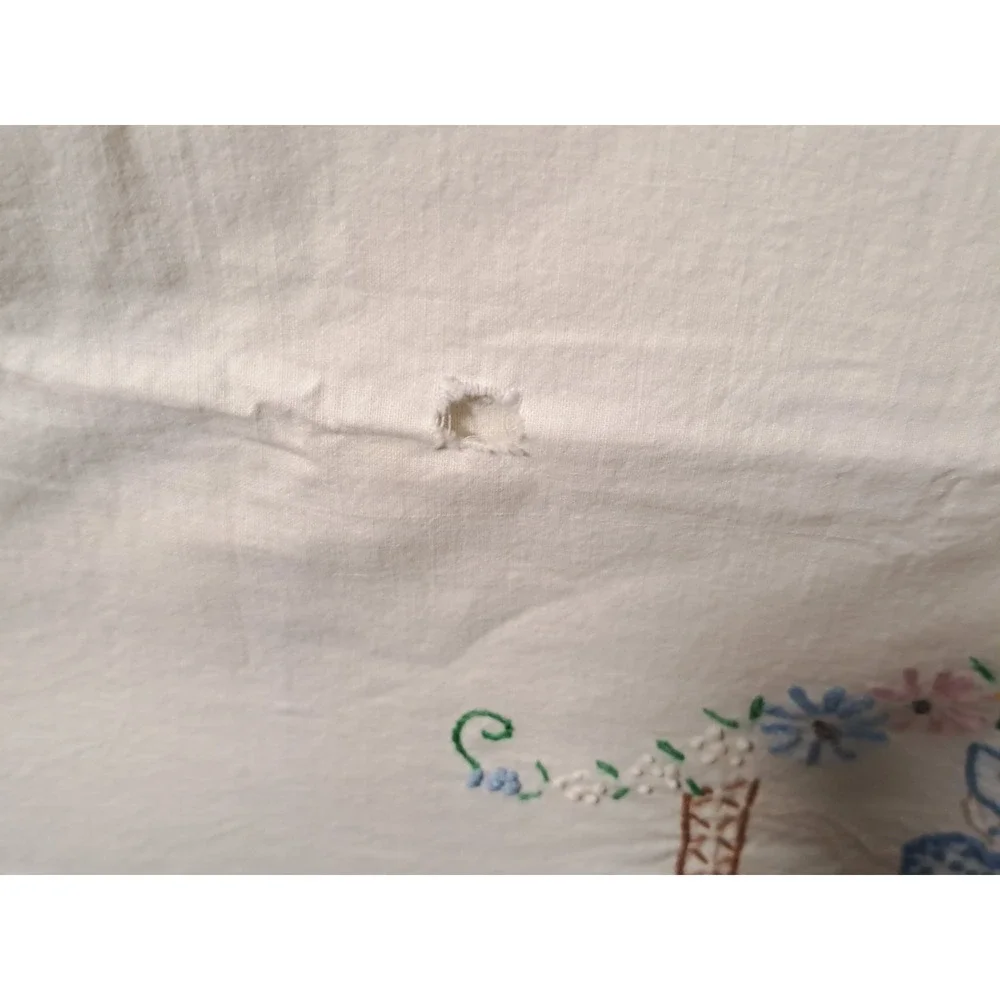 Vintage Handmade White Linen Apron Blue Crochet Crinoline Lady Hand Embroidered
